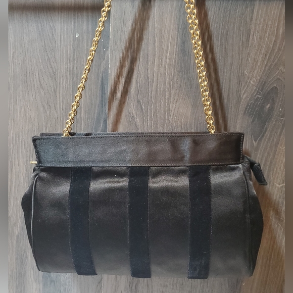Vintage Italian Black Evening Bag Velvet Satin 80s Clutch Double Chain Gold - Picture 8 of 10
